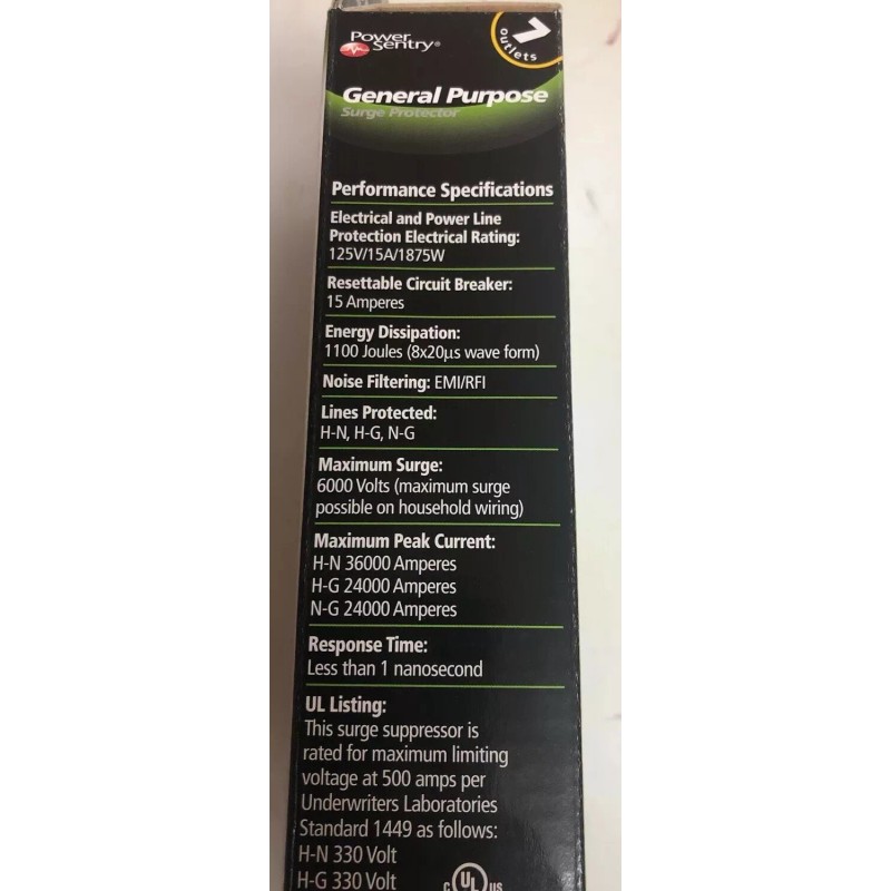 Power Sentry 7 Outlet 1100 Joules Surge Protector w/ 3'