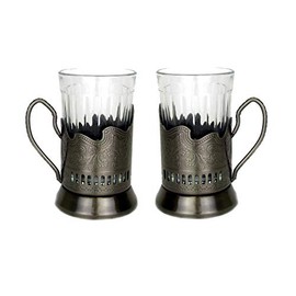 Neman 7 Oz Crystal Granyoniy Tea Glass with Podstakannik, Hot/Cold Beverage Glass with Metal Holder (2), 4 PCs