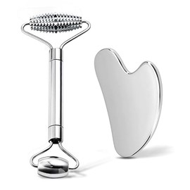 3 in 1 Gua Sha and Face Roller with Metal Eye Roller, Stainless Steel Tool for Puffiness and Jawline Sculpting, Hot & Cold Eyelid Roller for Dry Eyes,