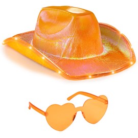 Funcredible Orange Light Up Cowboy Hat and Glasses - Led Cowgirl Hat for Girls - Neon Cowboy Hat - Cowgirl Costume Accessories for Women