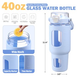BLUEGO 40oz Glass Water Bottles with Straw Time Marker Half Gallon Large Motivational Water Bottle with Silicone Sleeve 2 Liter Large Glass Water Jug for Gym, Sports& Workout, Daily, Light Blue