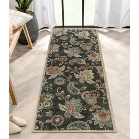 Morebes Floral Bathroom Runner Rugs 24 x 60 Non Slip,Washable Kitchen Runner Rug,Distressed Paisley Entryway Rug Bath Mat,Non Shedding Throw Carpet Runner for Entrance Laundry,Brownish Black