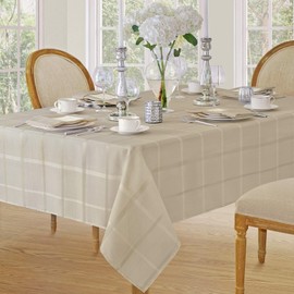 Newbridge 60 x 120 Inch Rectangle Fabric Tablecloth, Elegance Plaid, 100% Polyester, No Iron Soil Resistant Dining Room, Party and Banquet Table Cover, Solid Textured, Beige