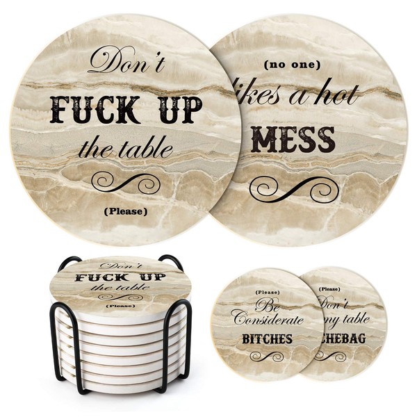 LIFVER Funny Coasters for Drinks with Holder, Set of 8 Marble Style Absorbent Drink Coasters with Cork Base, Bar Coaster with 4 Sayings, House Warming Gifts New Home, 4 inch