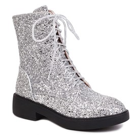 YIYA Women's Silver Sparkly Glitter Sequin Combat Boots Round Toe Chunky Low Heel Side Zipper Lace Up Ankle Flat Booties
