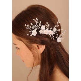 Deniferymakeup 3pcs White Floral Gold Hair Piece Set with Comb and Pins Wedding Bridal Pearl Hair Comb Hair Pins Special Occasion Hair Jewelry for Women and Girls (Rose Gold)