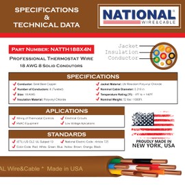 18/8 50Ft. NATIONAL Wire&Cable Thermostat Doorbell HVAC Heating Control Professional Cable Wire - Made in USA - 100% Solid Copper Conductors, CL2 ETL Listed, Low Voltage Applications Use