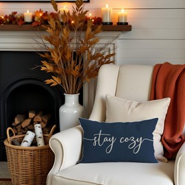 PANDICORN Navy Blue Pillow Cover 12x20 Inch, Stay Cozy Relax Farmhouse Lumbar Decorative Cushion Case for Couch Sofa Bed, Fall Winter Living Room or Porch Holiday Decorations