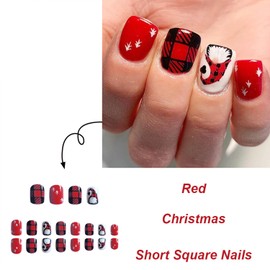 Vopintpy Christmas Gnome Press on Nails Short Square Fake Nails Winter Xmas Glue on Nails Glossy Reusable Stick on Nails for Women DIY Manicure Decor