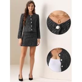 Allegra K Tweed Blazer Set for Women's Elegant Work 2 Piece Blazer Skirt Suit Black Large