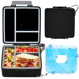 Chill Bento Lunch Box,Bento Box with Ice Pack,Leak Proof 5-Compartment Lunch Container,Ice Pack Detachable Lunch Box BPA Free, Microwave & Dishwasher Safe (Black)