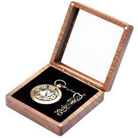 COSISO Walnut Wood Pocket Watch Box with Clear Acrylic Lid Portable Single Pocket Watch Display Storage Travel Case Organizer for Men Women (Contain Chain Clamp Slot)