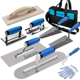 Konvixon 10PCS Concrete Trowel Set, Masonry Hand Tool Set Includes Large Flat Finishing and Pool Trowel, Wood Float, Concrete Edger and Groover, Margin Gauging, Wire Twister, Gloves & Carry Bag