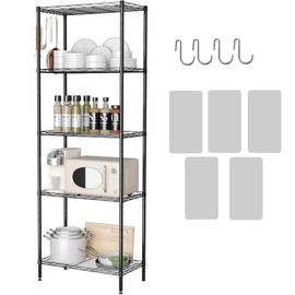 HOMEFORT 5-Shelving Unit, Adjustable Wire Shelving, Metal Wire Shelf with Shelf Liners and Hooks for Kitchen, Closet, Bathroom, Laundry, Black,21" W x 11" D x 59" H