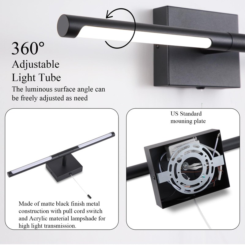 Litaddscen 24 Inch Black LED Bar Bathroom Vanity Light,360° Rotatable