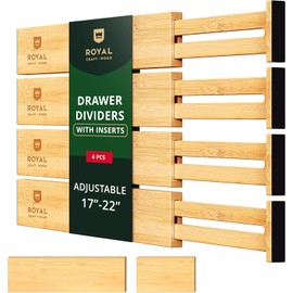 ROYAL CRAFT WOOD Adjustable Bamboo Drawer Dividers Organizers (17-21.5") with Inserts - Expandable Drawer Organization Separators for Kitchen Utensils, Clothes, 4-Pack
