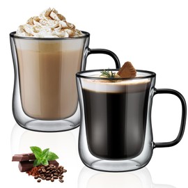 ecooe 2x350ml Unique Black Double Walled Coffee Glasses Mugs Cappuccino Latte Macchiato Glasses Cups with Handle Borosilicate Heat Resistant Glass Cups for Coffee Tea Milk Juice Ice Cream