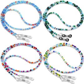 BILIONE 4Pcs Beaded Glasses Chains for Women & Girls, Cute Sunglasses Holder Strap Around Neck, Sky Blue, Navy Blue, Star Blue, Grass Green, 27 inch