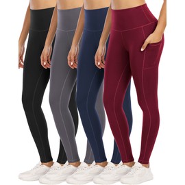 YOUNGCHARM 4 Pack Leggings with Pockets for Women,High Waist Tummy Control Workout Yoga Pants BlackDGrayNavyBurgundy-M