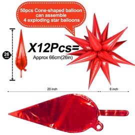 50 Pcs Red Foil Cone Star Balloons Big 26 inch Red Explosion Star Mylar Balloons 12 Point 3D Starburst Star Balloons for Party Supplies Christmas Birthday Wedding Decorations Party Supplies