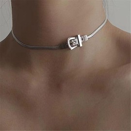 Zeshimb Punk Herringbone Choker Necklace Silver Flat Snake Chain Neckllace Personality Belt Buckle Herringbone Chain Necklace Hip Hop Jewelry for Women