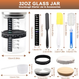 10Pcs Sauerteig Starter Set 900ml Sourdough-Gärglas mit Holzdeckel,Edelstahldeckel,Stoffhut,Gummiband,Thermometerpapier,Silikonspatel,für Brotbacken und Fermentieren