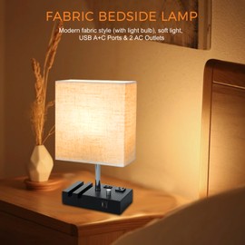 Fabric Lampshade Table Lamp Bedroom Bedside Nightstand Lamp with Warm White LED Bulb Desk Light Stepless Dimmable Student Eye-Caring Study Lamp USB A Type-C Charging Ports Dual AC Outlets Phone Stand for Living Room Bedroom Study Room Cafe Shop