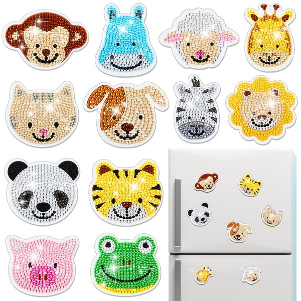 Xuhal 12 Pcs Animal Diamond Painting Magnets Cute Fridge Magnet for Kids Diamond Art Magnets DIY Refrigerator Magnets Refrigerator Stickers for Crafts Girls Adults Toddlers Boys Beginners Home