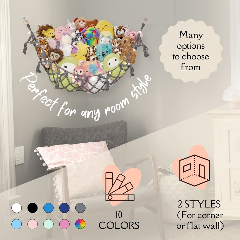 Stuffed Animal Storage Macrame Hammock w/String Lights for Flat Walls,