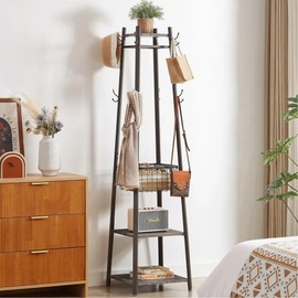 VECELO Coat Rack Freestanding,Hall Tree with Metal Basket and Storage Shelves,Industrial Coat Rack Stand with 8 Hooks for Hanging Coats/Hats/Bags/Umbrellas,18 x 18 x 72 In,Antique Brown