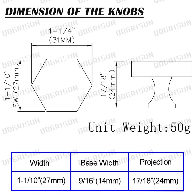 QogriSun 10-Pack Solid Brass Hexagon Cabinet Knobs, 1-1/10-Inch Diameter, Gold