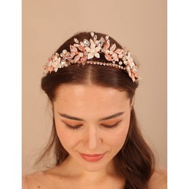 Teyglen Vintage Wedding Flower Pearl Rhinestone Tiara Headband Floral Silver Rose Gold Crystal Pearl Leaf Hair Crown Band Bridal Hair Pieces Accessories for Women Brithday Party (Rose Gold)