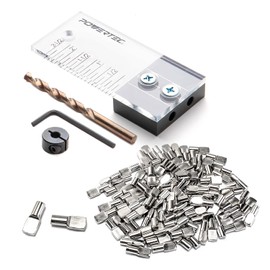 POWERTEC 72065 1/4" Dowel Drilling Jig & 100pk 1/4" Shelf Peg Set with Laser Cut Alignment Marker with Depth Scale, Cobalt Drill Bit, Split Ring Stop Collar & Spoon Shaped Shelf Pins Support Pegs