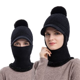 Fleece Lined Womens Beanie Knit Hat with Brim, Winter Scarf Mask Set for Women,Girls Snow Caps Earmuffs Hats with Pom (Black)