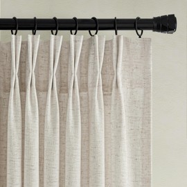Beige Pinch Pleated Linen Sheer Curtains 90 Inches Long, Memory Shape Pleated Curtains Living Room Bedroom, Natural Textured Thick Semi Sheer Privacy Curtain Drapes Farmhouse Light Filtering Curtain