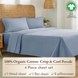 California Design Den 100% Organic Cotton King Size Sheet Set, Percale Sheets, Deep Pocket King Sheets, GOTS Certified Luxury Sheets, King Size Cotton Bed Sheets, Blue Hydrangea Sheets