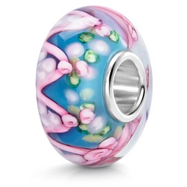 MATERIA by Matthias Wagner Glass Bead Blue Pink Charm Pendant for European Beads Bracelet 1487, Murano Glass, Sterling Silver