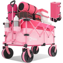 Sekey 220L Collapsible Foldable Wagon with 330lbs Weight Capacity, Heavy Duty Folding Utility Garden Cart with Big All-Terrain Beach Wheels & Drink Holders.Pink