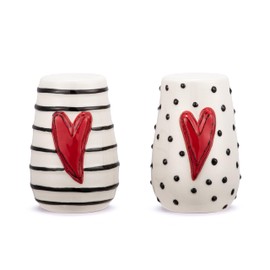 DEMDACO Heartful Home by Tracy Pesche Collection Red Heart Black and White Stripe Dot 3 x 2 Stoneware with Silicone Stopper Salt and Pepper Shaker Set