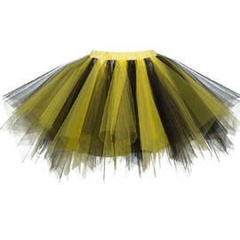 Womens Rainbow Puffy Tutu Layered Tulle Petticoat Skirt for Party, Black Yellow, Regular Size(US 0-18w)