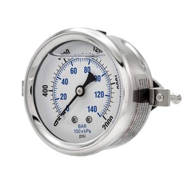 PIC Gauge PRO-203L-254O Glycerin Filled Industrial U-Clamp Panel Mount Pressure Gauge with Stainless Steel Case, Brass Internals, Plastic Lens, 2-1/2" Dial Size, 1/4" Male NPT, 0/2000 psi