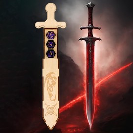 Role Playing Dice Sword Set for Tabletop Gaming, 7 Polyhedral Dice, Wooden Sword Shape Collectible Accessories, D&D Storage Box, Dragon Container Box Decorations, Camping Accessories for Players