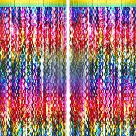 G2PLUS Wave Tinsel Curtain Colourful Glitter: Metallic Tinsel Glitter Curtain, Pack of 2 Wave Tinsel Curtain, Multicoloured, Foil Glitter Curtain for Stage Decoration, Birthday, Christmas