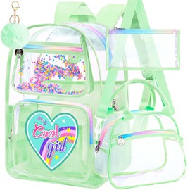 3PCS Clear Backpack Heavy Duty, Cute Sequins Transparent Bookbag with Handbag for Girls, Womens Green See Through School Bag