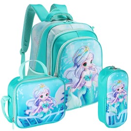 Mermaid Kids Backpack Set for Girls - 3D Pattern Bookbag & Lunch Box & Pencil Case for Preschool Kindergarten Primary Junior Elementary School Teen Students (6-12 Age)
