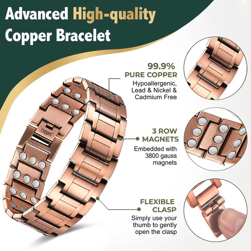Vicmag Copper Magnetic Bracelet for Men, 3X Strength Magnets, Pure