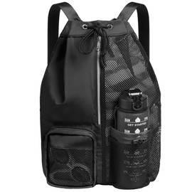 CHEPULA Swim Bag Mesh Drawstring Backpack with Wet Pocket, Waterproof Gym Bags for Beach Swimming Pool Gym Workout Men Women (Black)