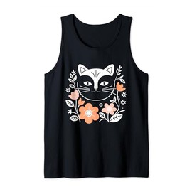 Minimalist Cat Elegant Floral Botanical Line Art Tank Top