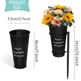 Metal Cemetery Vase Flower Holder with Spikes in Ground Grave Vases for Gravesite Gravestone Memorial Grave Markers Cemetery Decorations (4Pcs, Black)