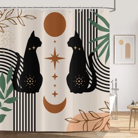 ASDCXZ Shower Curtain 180x200 cm Boho Style, Modern Abstract Art Boho Cat Day Month Bath Washable Shower Curtains Polyester Textile Waterproof Shower Curtain for Bathtub with 12 Hooks